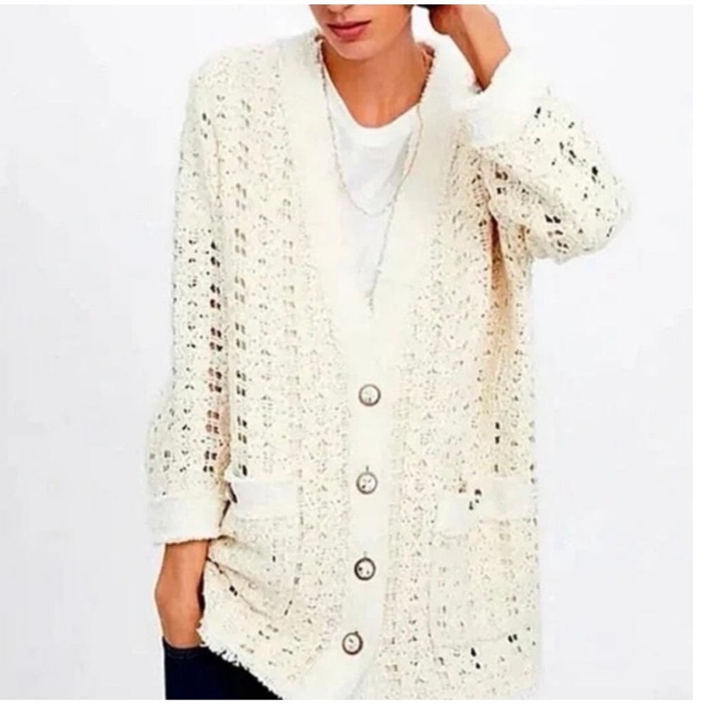 Zara Crochet Knit Cardigan‎ Blazer Jacket Rhinestone Button Frayed Trim Women XS